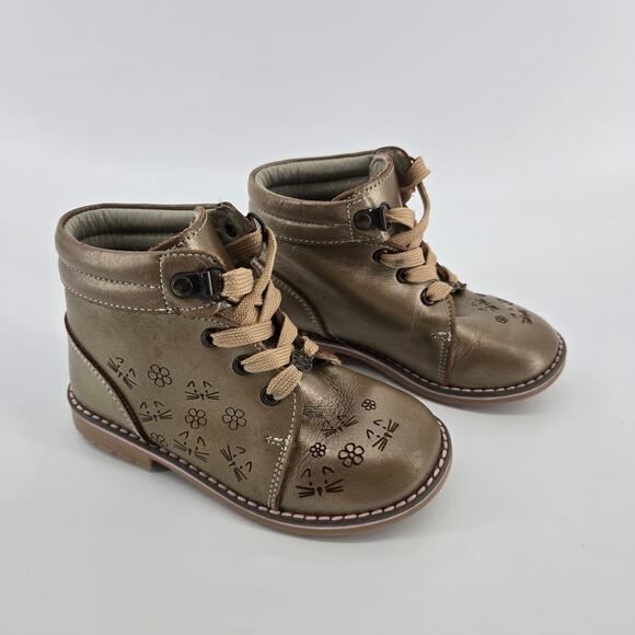 AndaNeNes Girls Bronze High Top Lace Up Leather Upper Cat & Flower Boots 10C - Picture 5 of 9